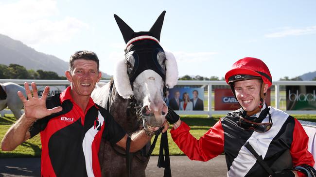 Trainer Mark Dale and jockey Les Tilley with Purrfectionist at the Cairns Jockey Club, Cannon Park. PICTURE: BRENDAN RADKE