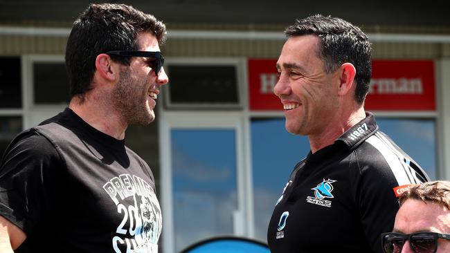 Michael Ennis and coach Shane Flanagan during the Cronulla Sharks fan day.