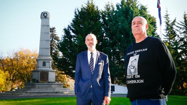 Veterans’ Affairs Minister Guy Barnet and the nephew of Teddy Sheean, Garry Ivory. Picture: PATRICK GEE