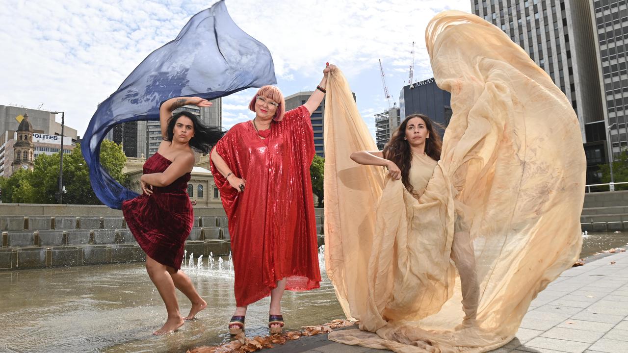 Adelaide Fringe director Heather Croall, centre, with Tjarutja Dance Theatre Collective performers Melanie Koolmatrie and Janelle Egan at the start of this year’s event. Picture: Keryn Stevens