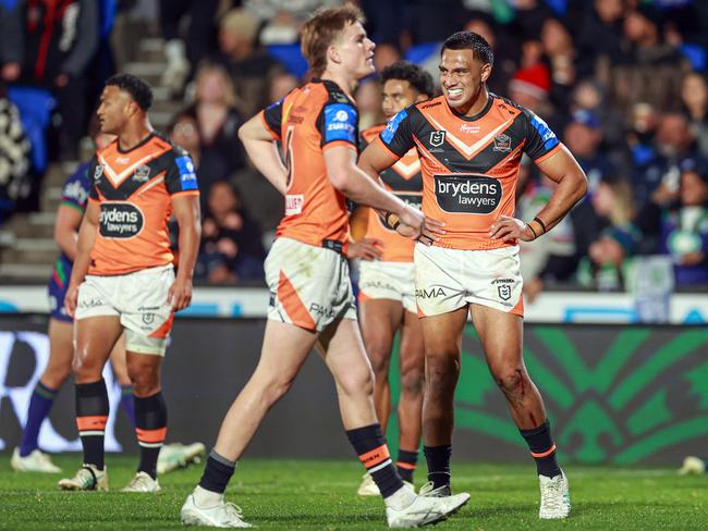 Lachlan Galvin left the field early for the Tigers on another miserable night. Picture: NRL Imagery