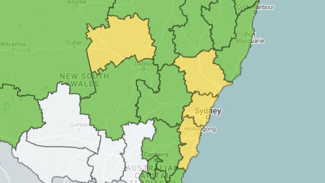 The fire danger rating is marked as ‘high’ over Greater Sydney and surrounds on Saturday. Picture: NSW RFS