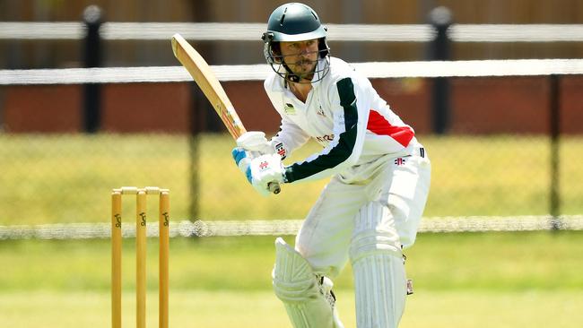 Harley Peace-Stirling of Pines was all concentration during his match-winning unbeaten century against Sorrento on Saturday. (Photo by Josh Chadwick)