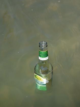 An empty alcohol bottle floating in the lake.