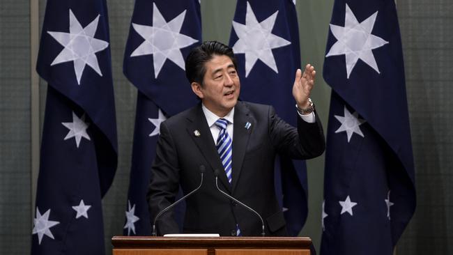 Shinzo Abe addresses members and senators at Parliament House in Canberra in 2014 during a three-day official visit to Australia. Picture: AAP