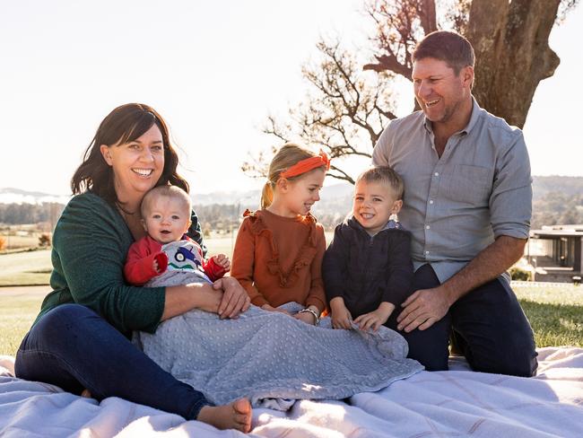 The D’Arcy family are ecstatic the transplant worked. From left: Nikki-Lea, baby Hugo, sister Georgia, brother Ned and dad Andrew. Picture: Areli Bosson