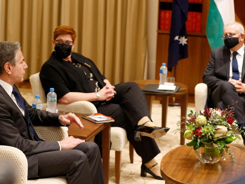 US Secretary of State Antony Blinken speaks with Marise Payne and Scott Morrison.