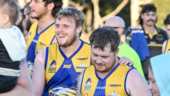 Elizabeth captain Dylan Shapland chats with teammate Daniel Mitchell after the game. Picture: Brenton Edwards