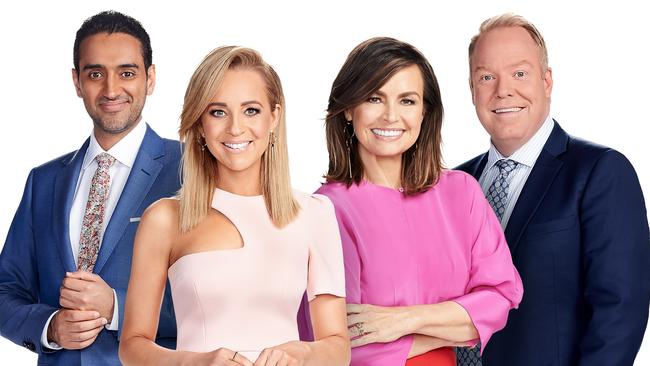 Carrie Bickmore, Lisa Wilkinson and Pete Helliar have all announced they will leave The Project. Pictured with Waleed Aly (far left). Picture: Channel 10