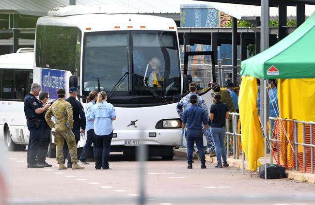 Coronavirus evacuees arrive at Howard Springs for two weeks in quarantine after evacuating the Diamond Princess Cruise Ship moored in Japan. Picture: Che Chorley