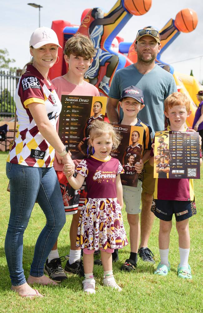 At the Brisbane Broncos Captain's Run and Toowoomba Fan Day are (from left) Shardae Cannon, Chayse Thorpe, Stephanie Cannon, Ollie Cannon, Josh Cannon and Bryce Cannon at Toowoomba Sports Ground, Saturday, February 15, 2025. Picture: Kevin Farmer