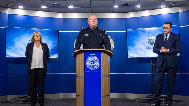 Mr Ashton, Premier Daniel Andrews and Police Minister Lisa Neville give an update on the trafedy on Thursday morning. Picture: Jake Nowakowski