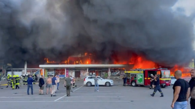 At least 13 people are dead and 40 others injured after a missile struck the shopping centre in central Kremenchuk. Picture: Twitter