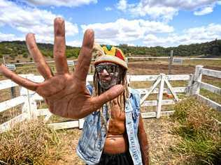 Robert Corowa protests at the site of the North Lismore Plateau development. Picture: Marc Stapelberg