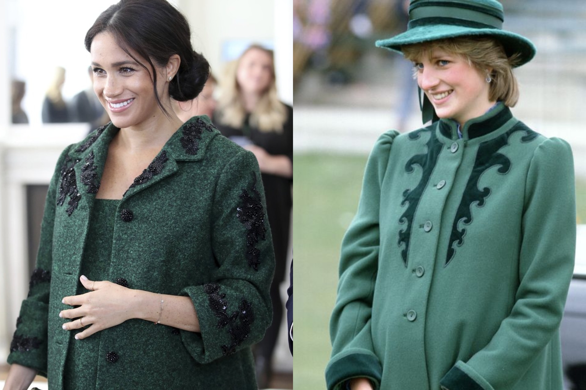 <h2>Meghan Markle (2019) and Princess Diana (1982)</h2><p>Only a couple months before the birth of her first son, Archie, the Duchess of Sussex wore a green Erdem coat that had many reminiscing about her late mother-in-law. In 1982, while six-months pregnant with Prince William, Princess Diana wore a coat by Bellville Sassoon, featuring the same collar embroidery and sleeves as Markle's.</p>