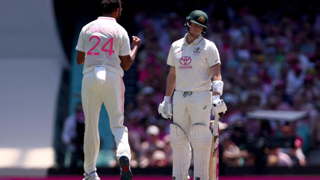 Steve Smith looks at the SCG pitch after one of his dismissals in Sydney. (Photo by DAVID GRAY / AFP)