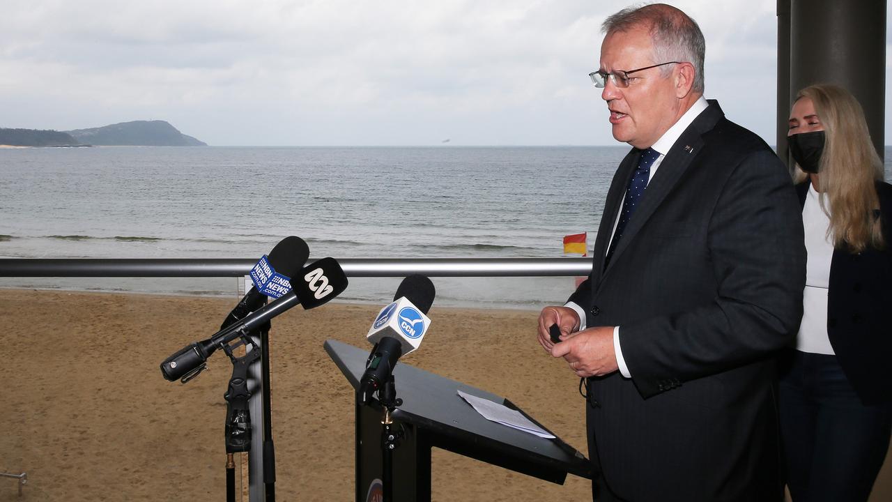 Scott Morrison at Terrigal Surf Club in December of last year, where he announced the government was moving to kill the gas project. Picture: Peter Lorimer/NCA NewsWire