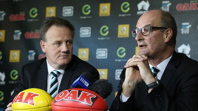 Port Adelaide chief executive Keith Thomas and chairman David Koch at Alberton Oval. Picture: Dylan Coker