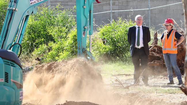 SA Major Crime Detective Superintendent Des Bray and Forensic scientist Ellie Simpson watching the dig. Picture: Dylan Coker