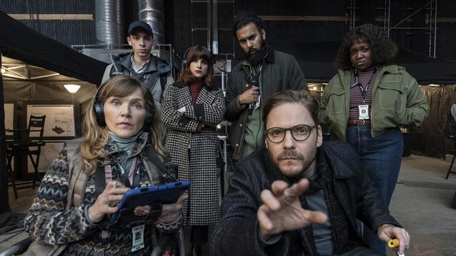 The Franchise, from left: Jessica Hynes, Daniel Bruhl, Isaac Powell, Aya Cash, Himesh Patel, Lolly Adefope