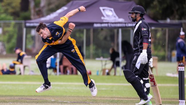 West Torrens paceman Jordan Buckingham fires one down against Adelaide University at Uni Oval. Picture: Russell Millard.