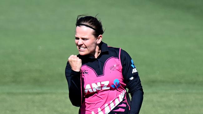 Lea Tahuhu celebrates a wicket for New Zealand.