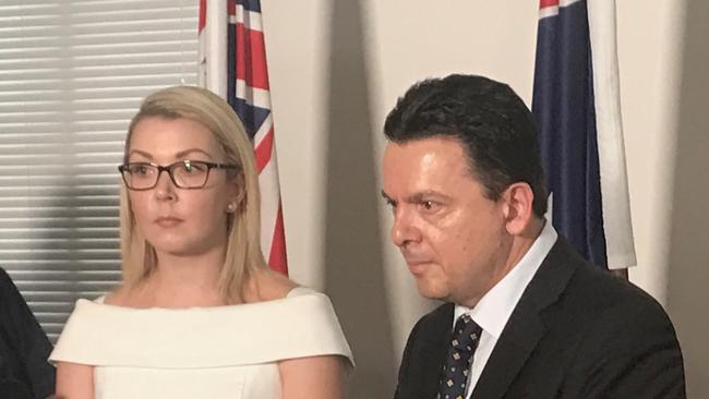 Skye Kakoschke-Moore and Nick Xenophon at her emotional resignation announcement. Picture: Simon Cross