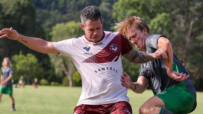 Boambee's new coach and player, former A-League premiership winner, Troy Hearfield, in action against Sawtell FC. Coastal Premier League CPL.