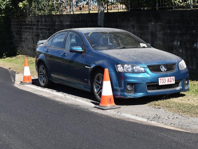 Roadwork on Glenella Connection Rd in Mackay has been tarred around a vehicle on the side of a road, July 2021. Picture: Lillian Watkins