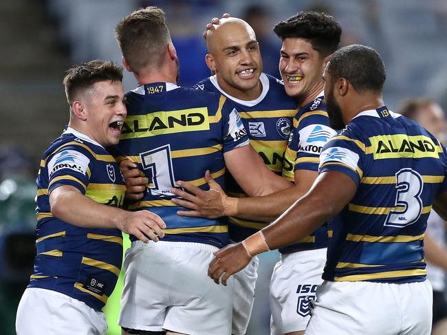 SYDNEY, AUSTRALIA - MARCH 29:  Blake Ferguson of the Eels celebrates scoring a try during the round three NRL match between the Parramatta Eels and the Sydney Roosters at ANZ Stadium on March 29, 2019 in Sydney, Australia. (Photo by Matt King/Getty Images)