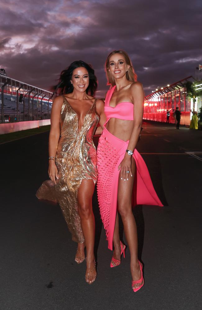 Bec Judd arrives on the track with friend Michelle Greene. Picture: David Caird