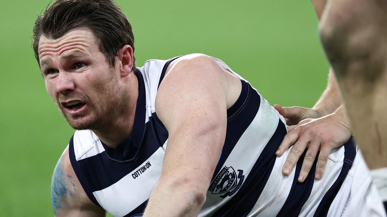 Geelong’s Patrick Dangerfield can only watch the ball bounce away. Picture: Michael Klein