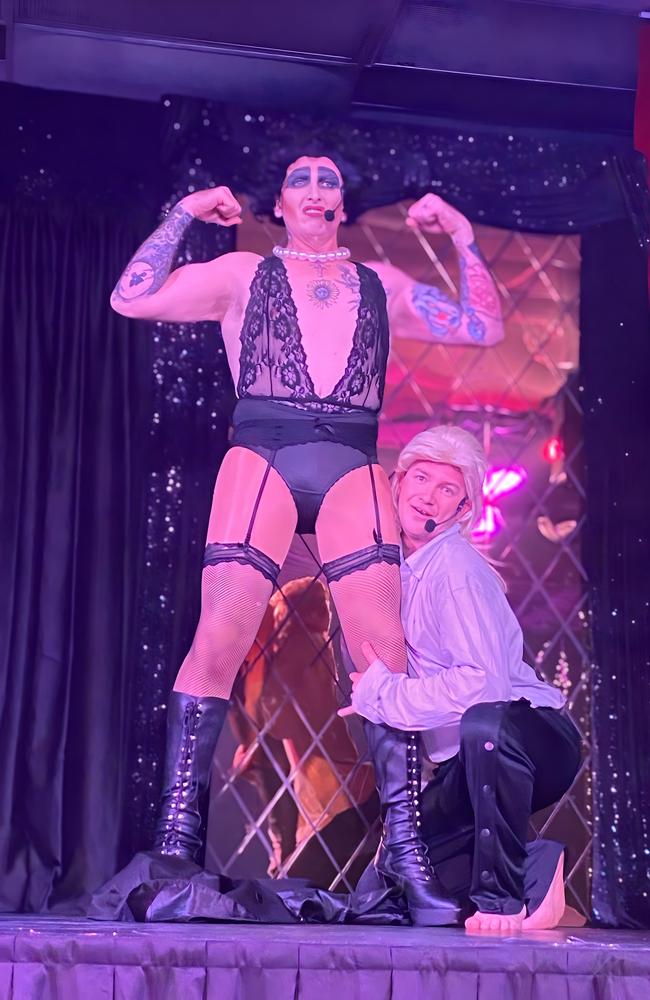 Lux Noir co-owner Stuart Read as Franky and Nathan Vanstralin as Riffraff, take the stage at their new location 799 Flinders St. Picture: Supplied.