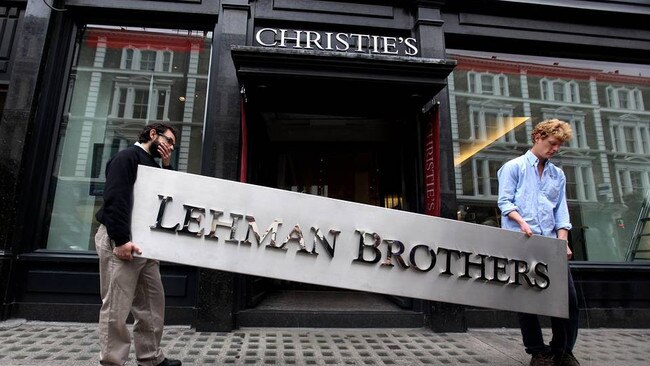 A Lehman Brothers sign up for auction in 2010, following the bank’s collapse in 2008. Picture: Getty Images.