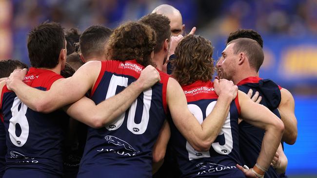 Simon Goodwin addresses his players on Sunday. Picture: Paul Kane/Getty Images