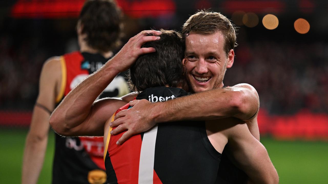 MELBOURNE, AUSTRALIA - MAY 11: Darcy Parish of the Bombers and Andrew McGrath of the Bombers celebrate winning the round nine AFL match between Essendon Bombers and Greater Western Sydney Giants at Marvel Stadium, on May 11, 2024, in Melbourne, Australia. (Photo by Daniel Pockett/AFL Photos/via Getty Images)