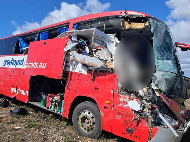 The bus carrying 33 passengers was travelling north when it collided head on with a caravan being towed by a four-wheel drive driven by an elderly couple. Three passengers on the bus were killed while two others were seriously injured. Picture: Supplied