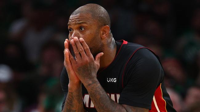 BOSTON, MASSACHUSETTS - MAY 23: P.J. Tucker #17 of the Miami Heat reacts after being called for a foul against the Boston Celtics during the third quarter in Game Four of the 2022 NBA Playoffs Eastern Conference Finals at TD Garden on May 23, 2022 in Boston, Massachusetts. NOTE TO USER: User expressly acknowledges and agrees that, by downloading and or using this photograph, User is consenting to the terms and conditions of the Getty Images License Agreement. (Photo by Elsa/Getty Images)