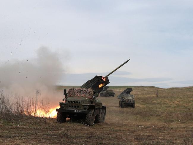 A Ukrainian multiple rocket launcher shells Russian troops near Lugansk, in the Donbas region, Ukraine. Picture: AFP