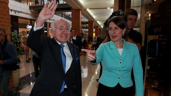 John Howard joined the campaign trail with Gladys Berejiklian this morning. Picture: Toby Zerna