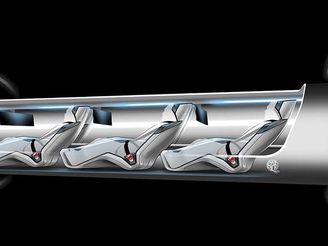 An image released by Tesla Motors, is a sketch of the Hyperloop capsule with passengers onboard. . Billionaire entrepreneur Elon Musk on Monday, Aug. 12, 2013 unveiled a concept for a transport system he says would make the nearly 400-mile trip in half the time it takes an airplane. The "Hyperloop" system would use a large tube with capsules inside that would float on air, traveling at over 700 miles per hour. (AP Photo/Tesla Motors)