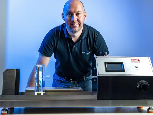 Flowtech QLD General Manager Shane Donoher with the Synthetic Blood Penetration Test Instrument for measuring PPE equipment at Meadowbrook, Thursday, September 24, 2020 - Picture: Richard Walker