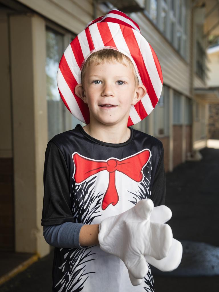 Henry Bohm as The Cat in the Hat for Book Week at Rangeville State School, Friday, August 25, 2023. Picture: Kevin Farmer