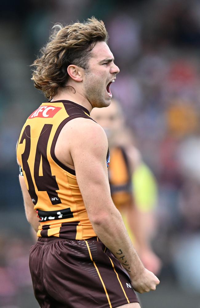 Nick Watson celebrates a goal against St Kilda in Launceston. Picture: Steve Bell/Getty Images.