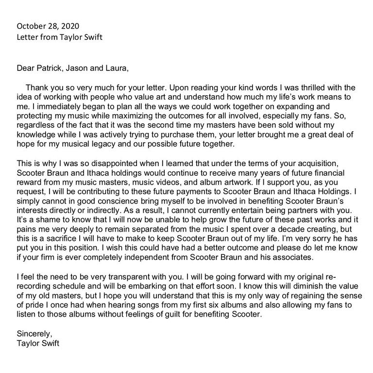 Taylor Swift's letter to the company that bought her masters.