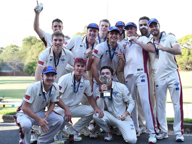 Bayside players enjoy the spoils of premiership success. Picture: Nigel Barrie