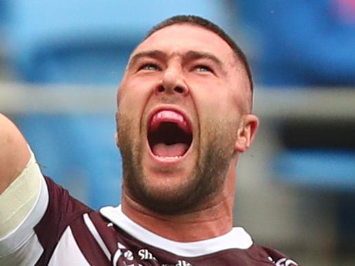 GOLD COAST, AUSTRALIA - JUNE 29: Curtis Sironen of the Eagles celebrates a try during the round 15 NRL match between the Gold Coast Titans and the Manly Sea Eagles at Cbus Super Stadium on June 29, 2019 in Gold Coast, Australia. (Photo by Chris Hyde/Getty Images)