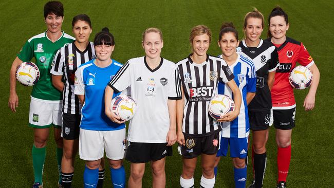 1/3/16 Women's Premier League Soccer Captains Kris Swaffer from Cumberland United, Thomai Kezios from Fulham United, Bianca Gray from Sturt Marion, Jasmine Hurst from Para Hills Knights, Isabella Scazzi from Adelaide City, Chrissa Pavlomanolakos from West Adelaide, Ellie Bills from Adelaide University and Ebony Weidenbach from Metro United at Adelaide Shores Football Centre. Picture: MATT LOXTON