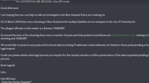 New Zealand Police confirmed the email exchange between Detective Michael and Kiwi Farms operator Joshua Moon was genuine. Picture: Kiwi Farms