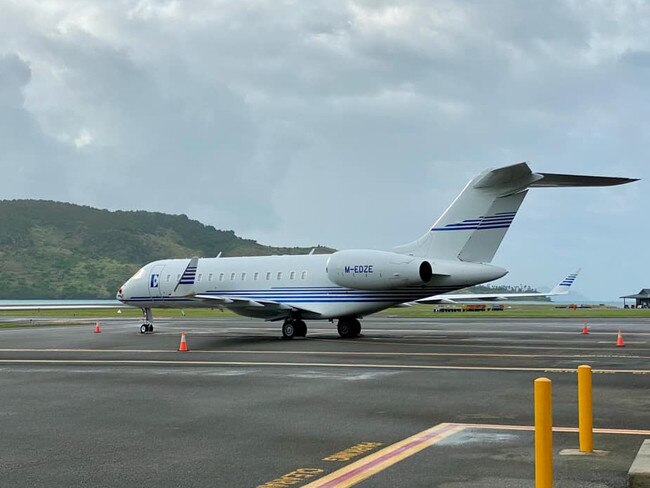 Sir Elton John's plane, the Gama Aviation Bombardier Global Express bizjet M-EDZE, has been spotted on the tarmac at Hamilton Island on Tuesday, December 27, 2022. Picture: Kellie Leonard, via Central Queensland Plane Spotting Blog